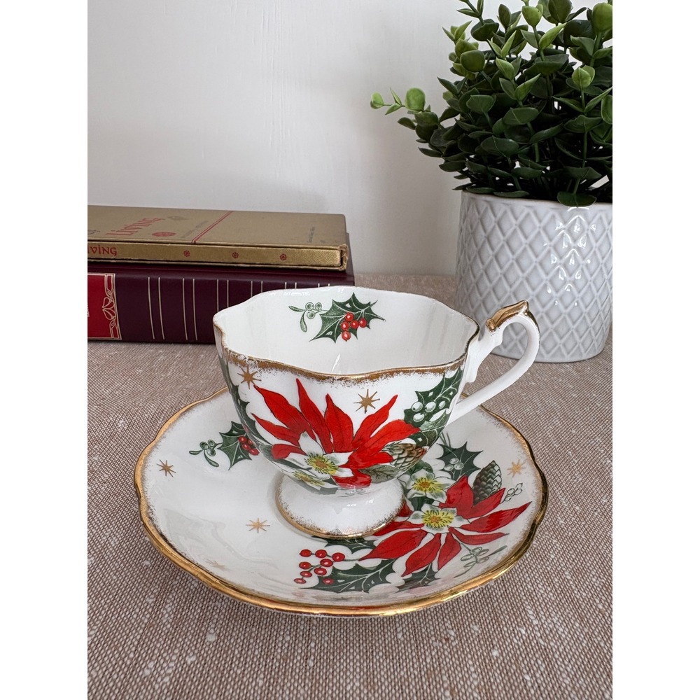 Vintage Christmas Queen Anne Fine Bone China English Teacup Saucer Holiday Gift